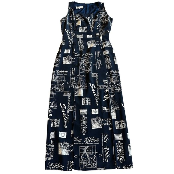 Pardue Les Navy Midi Dress Cruise Ocean Anchor Sea Print Button Size 4 Women's - Picture 1 of 11